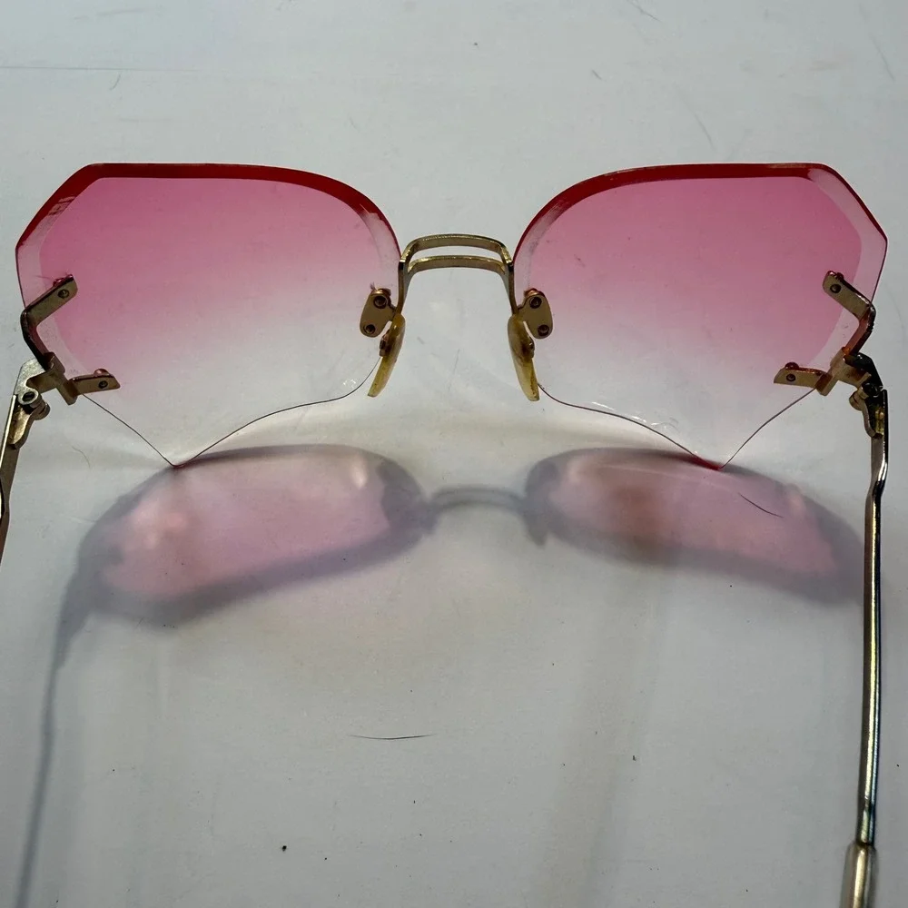 Vintage Rimless Pink Gradient Octagon Sunglasses Gold Metal Y2K Taiwan